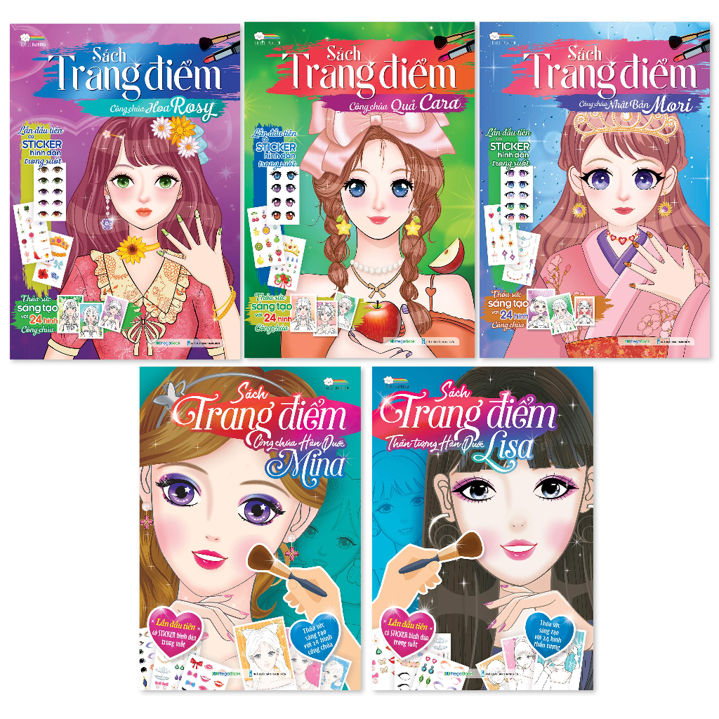 Combo Sách trang điểm công chúa (5 cuốn) (Tô màu và Bóc dán hơn 500 Stickers trang điểm) cho bé gái