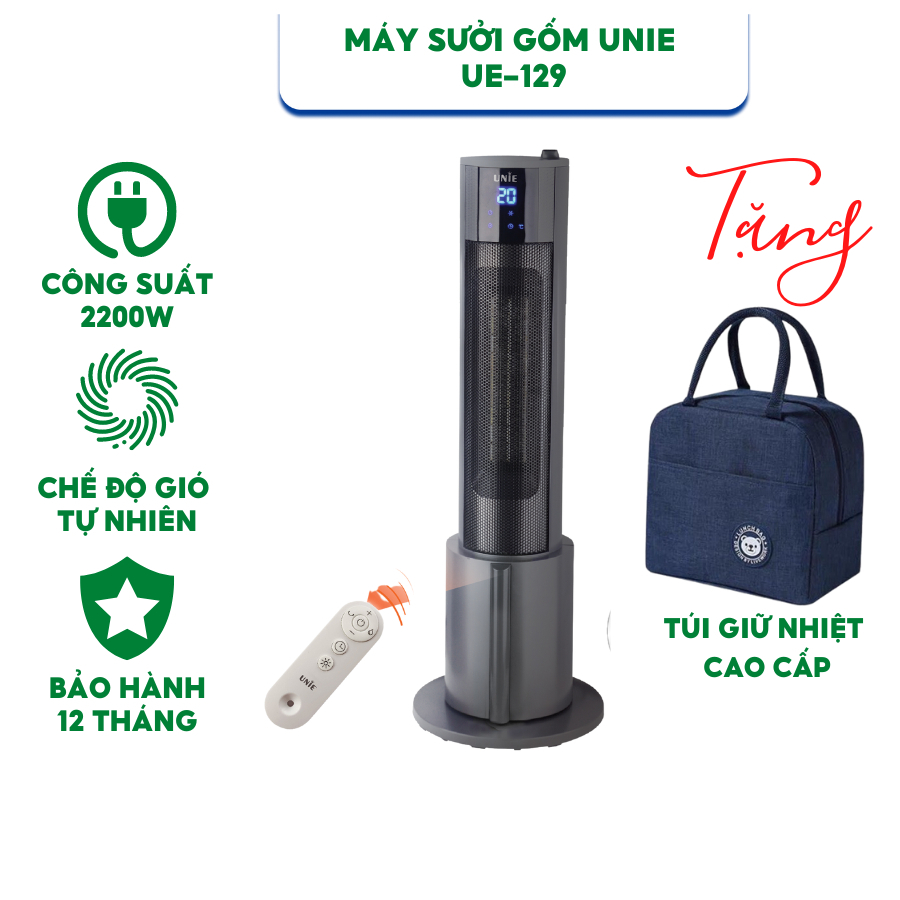 Máy sưởi gốm UNIE UE-129 làm ấm không khí công suất 2200W - Hàng chính hãng