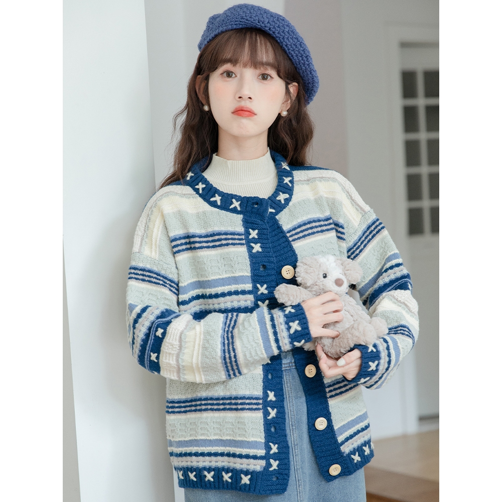 Áo cardigan len Áo khoác cadigan nữ thổ cẩm kẻ sọc kiểu Hàn Quốc Ulzzang basic phong cách idol RENJUN K-17.1