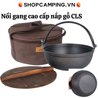 Nồi gang nắp gỗ CLS kiểu Nhật Sukiyaki , nồi treo gang nguyên khối dã ngoại kèm túi đựng,cắm trại - Camping VietNam