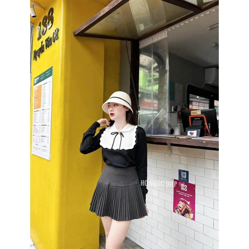 ÁO LEN CỔ TRẮNG KÈM NƠ