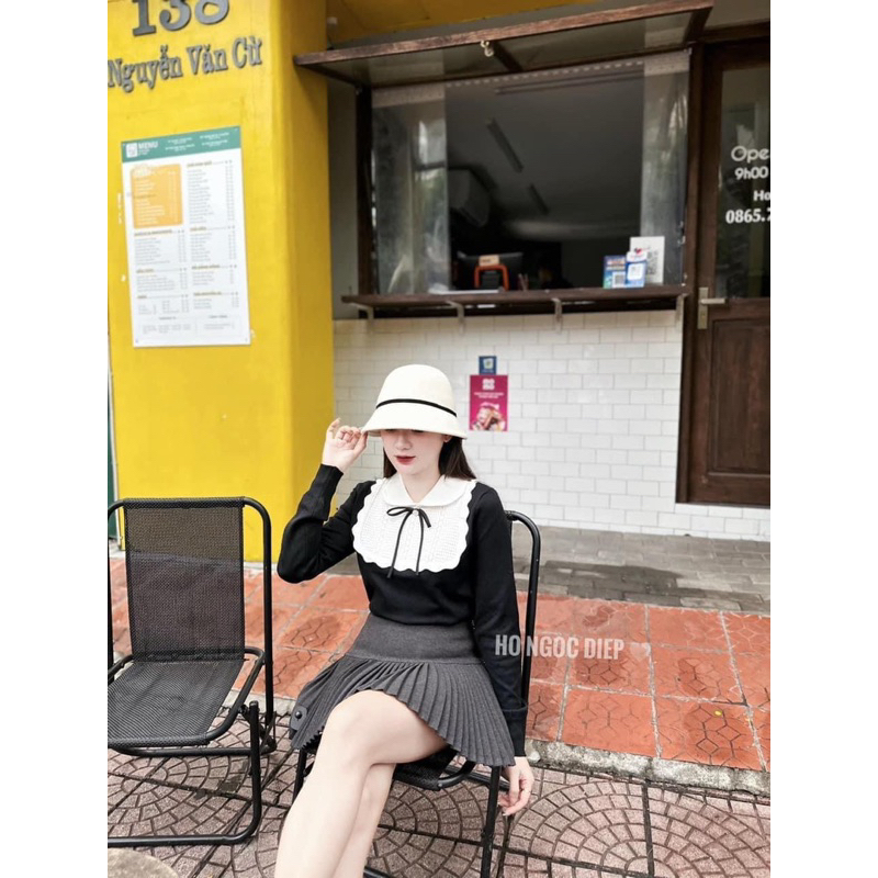 ÁO LEN CỔ TRẮNG KÈM NƠ