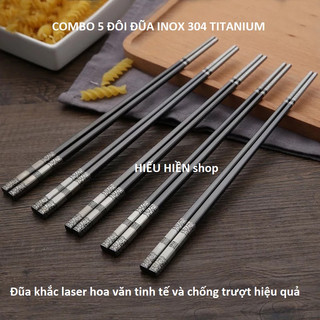 COMBO 5 Đôi Đũa Inox 304 Mạ TiTaNium Khắc Hoa Văn - Chống Trượt - Đũa Ăn Cơm Cao Cấp