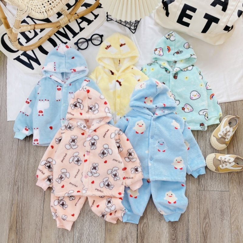 Bộ Quần Áo Lông Tuyết Có Mũ Mềm Ấm Cho Bé 3-11Kg