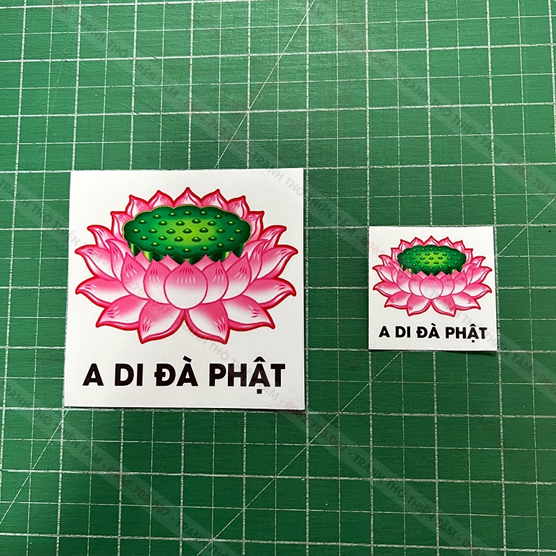 Miếng dán Bông Sen A Di Đà Phật bằng decal trong suốt, không thấm nước