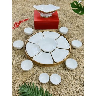 Bộ bát đĩa hoa mặt trời trắng khử,viền vẽ vàng kim.Hàng sứ Bát Tràng
