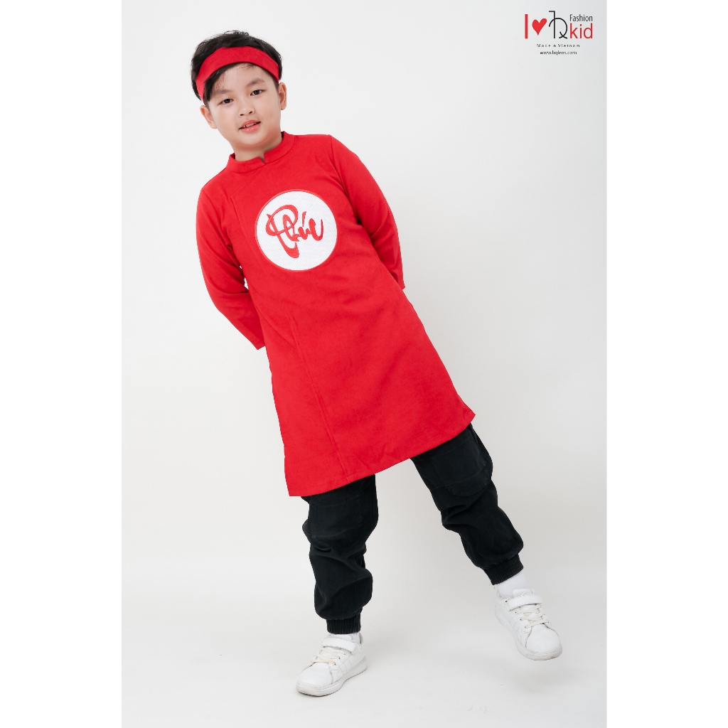 Hqkids Ao dài nhung bé trai chữ thêu chữ 4-14 tuổi TT2219