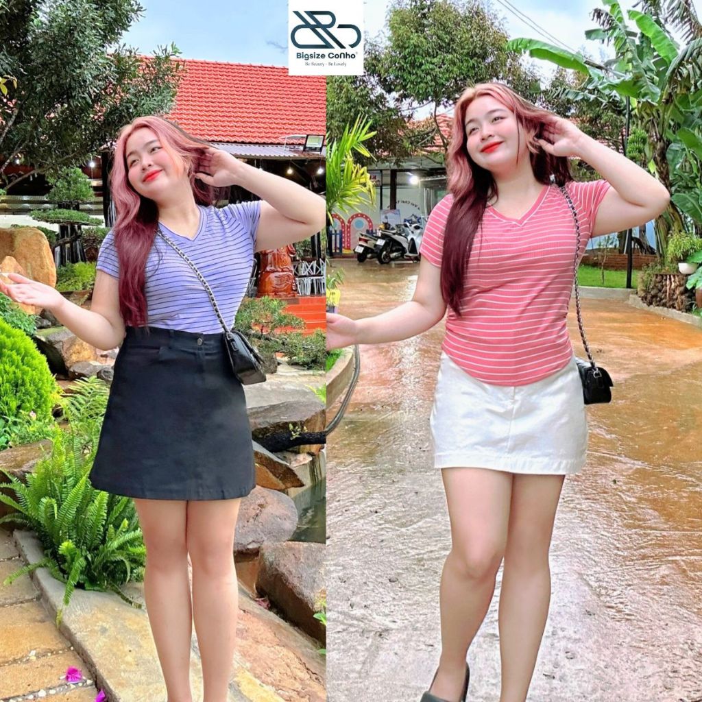 Áo thun cổ tim Bigsize Cô Nhỏ kẻ sọc sườn vải cotton thấm hút mồ hôi Cổ chữ V Ôm gọn sang chảnh tôn dáng cho Chuppy G85
