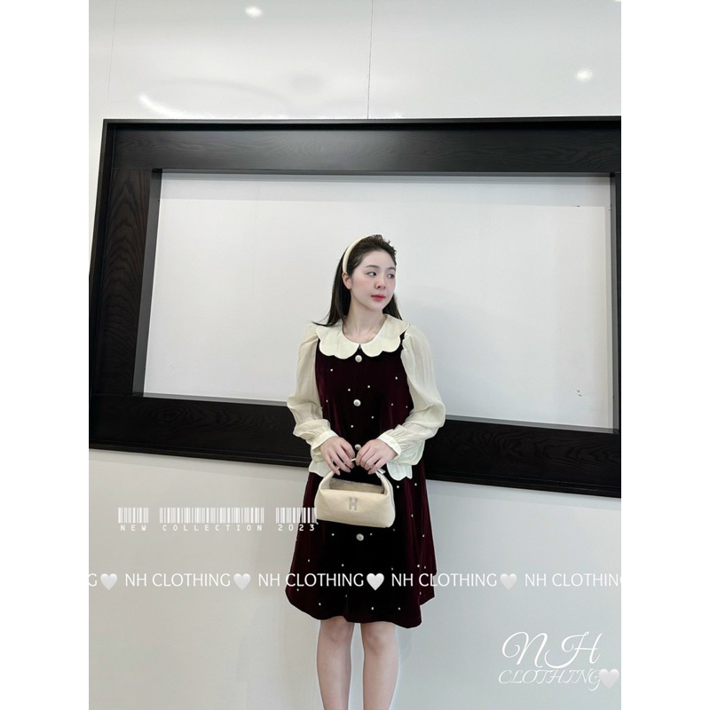 VÁY NHUNG CỔ LƯỢN ĐÍNH ĐÁ