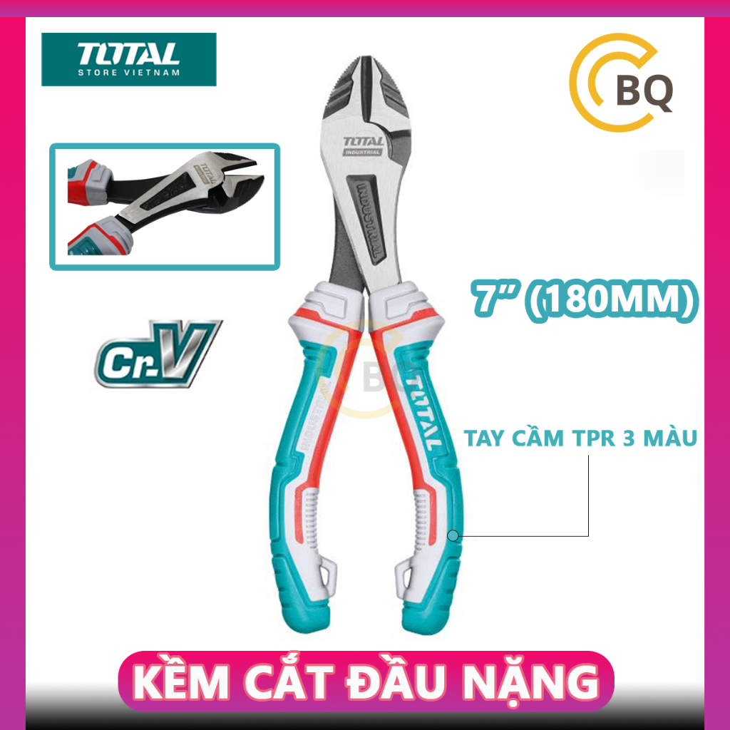 Kềm cắt đầu nặng cao cấp 7"/180mm TOTAL THT27716S, kìm cắt dây điện dùng chất liệu Cr-V, làm bóng & đen CBQs