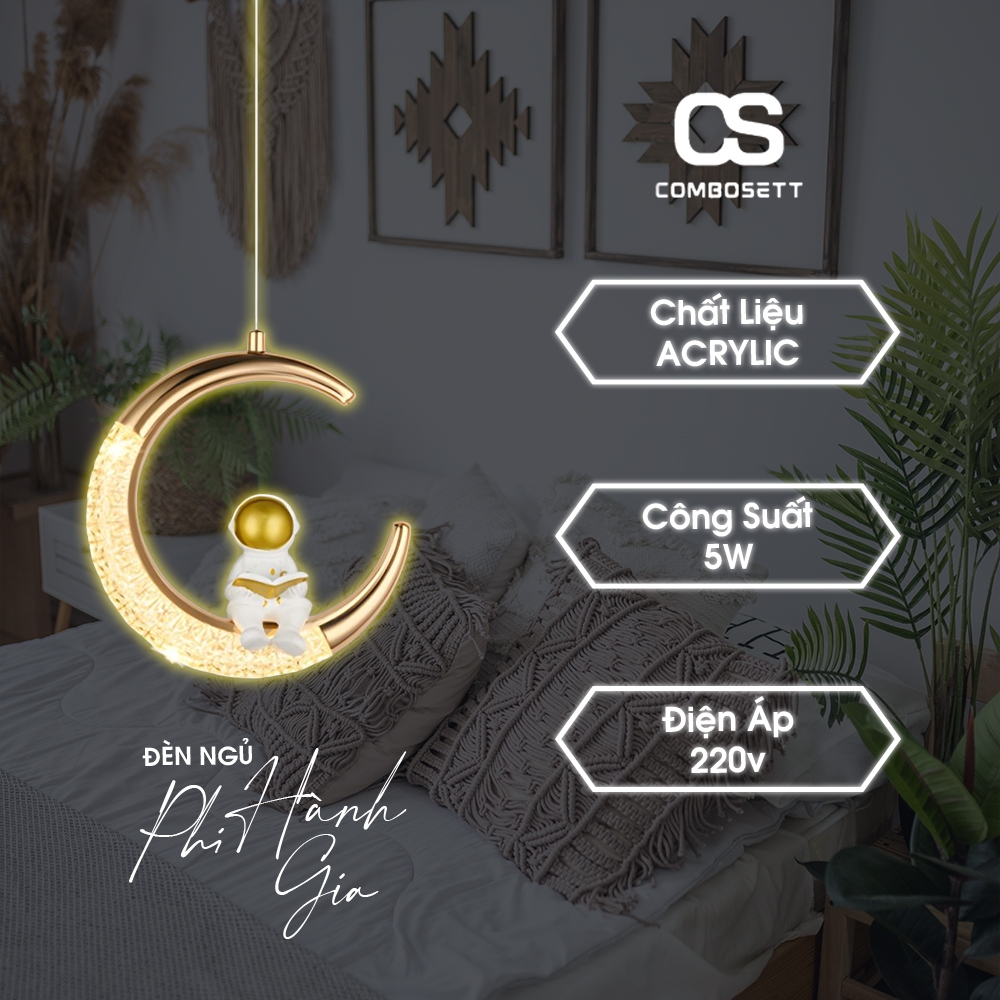 Đèn chùm treo thả trần đẹp trang trí phòng ngủ cho bé hình phi hành gia ngồi trên mặt trăng khuyết ánh sáng hắt tường