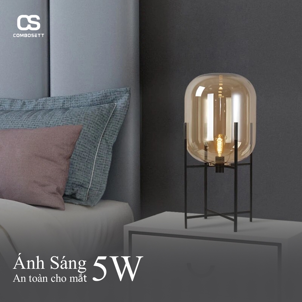Đèn cây đứng sàn chao thủy tinh tráng gương, Đèn bàn sợi đốt Bắc Âu cổ điển bằng kính hổ phách decor trang trí phòng ngủ