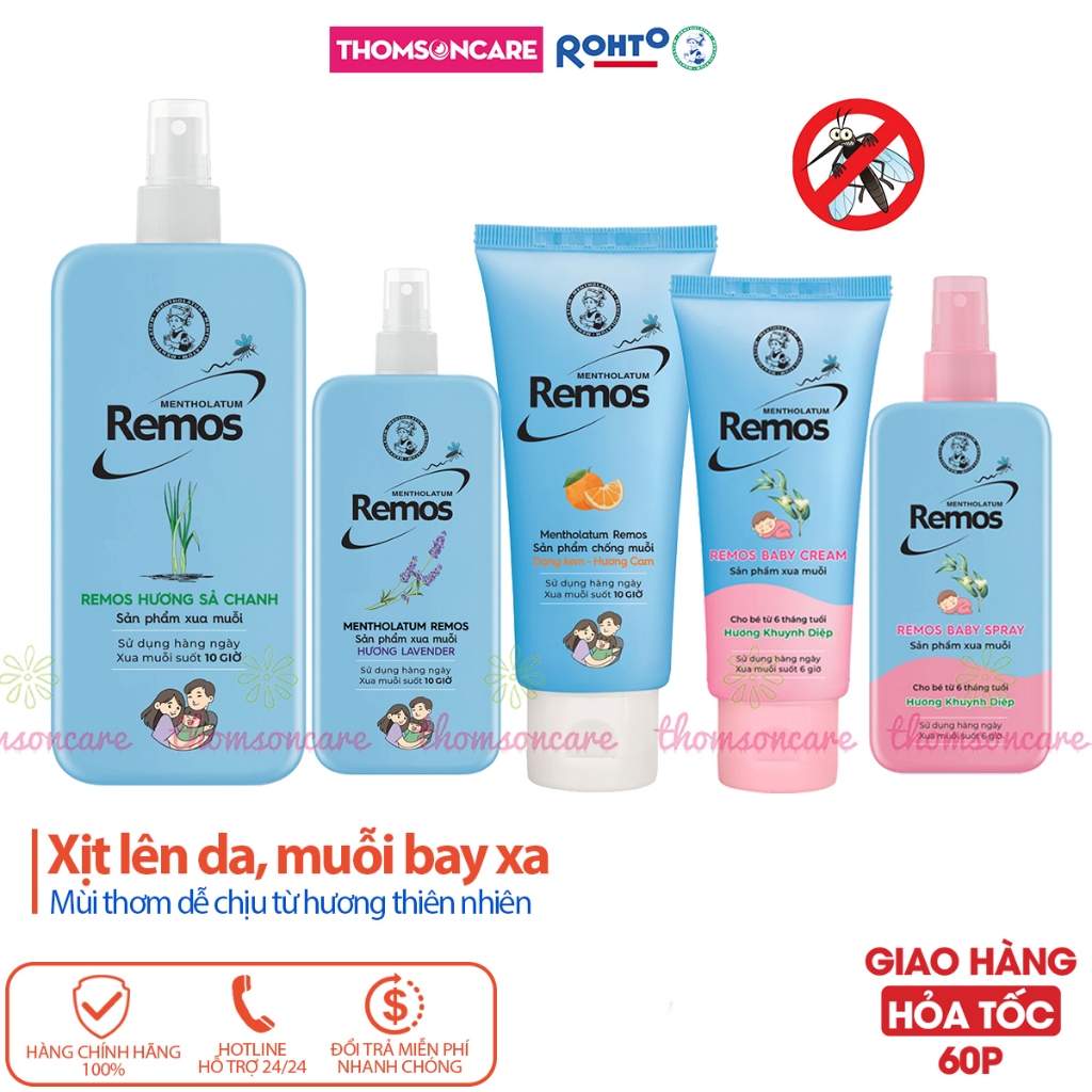 Remos chống muỗi dạng kem, và xịt đuổi muỗi hương lavender, sá chanh, cam an toàn cho cả trẻ em và người lớn