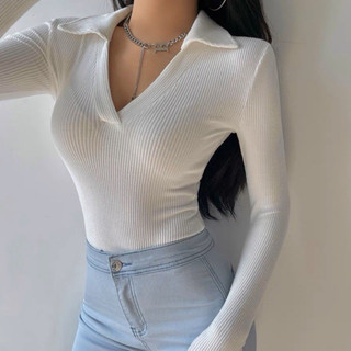 Áo thun gân dài tay cổ bẻ xẻ V 3 màu , Áo cổ đức dài tay croptop