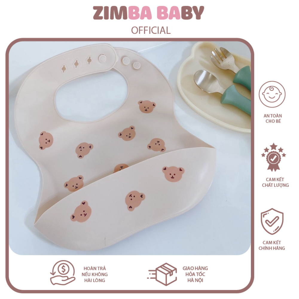 Yếm máng ăn dặm silicon họa tiết gấu chất liệu silicon cao cấp an toàn cho bé siêu xinh siêu đáng yêu Zimbababy