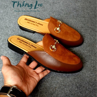 Giày sục nam màu nâu da PU hàng Kỹ vá da lộn khuy họa tiết đầu mèo sục nam da mờ size 38-43