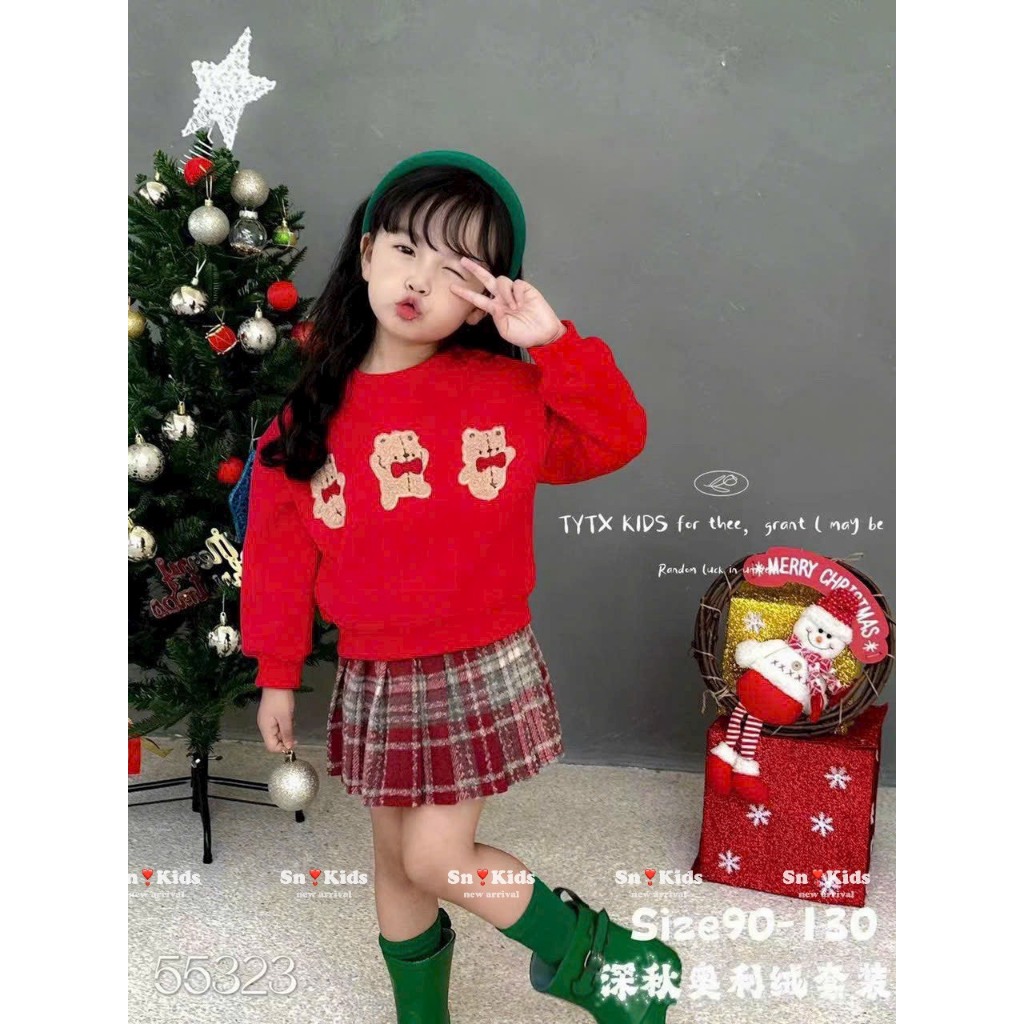 Váy bé gái , sét bộ chân váy dạ ziczac phối áo nỉ 2 da cho bé diện noel