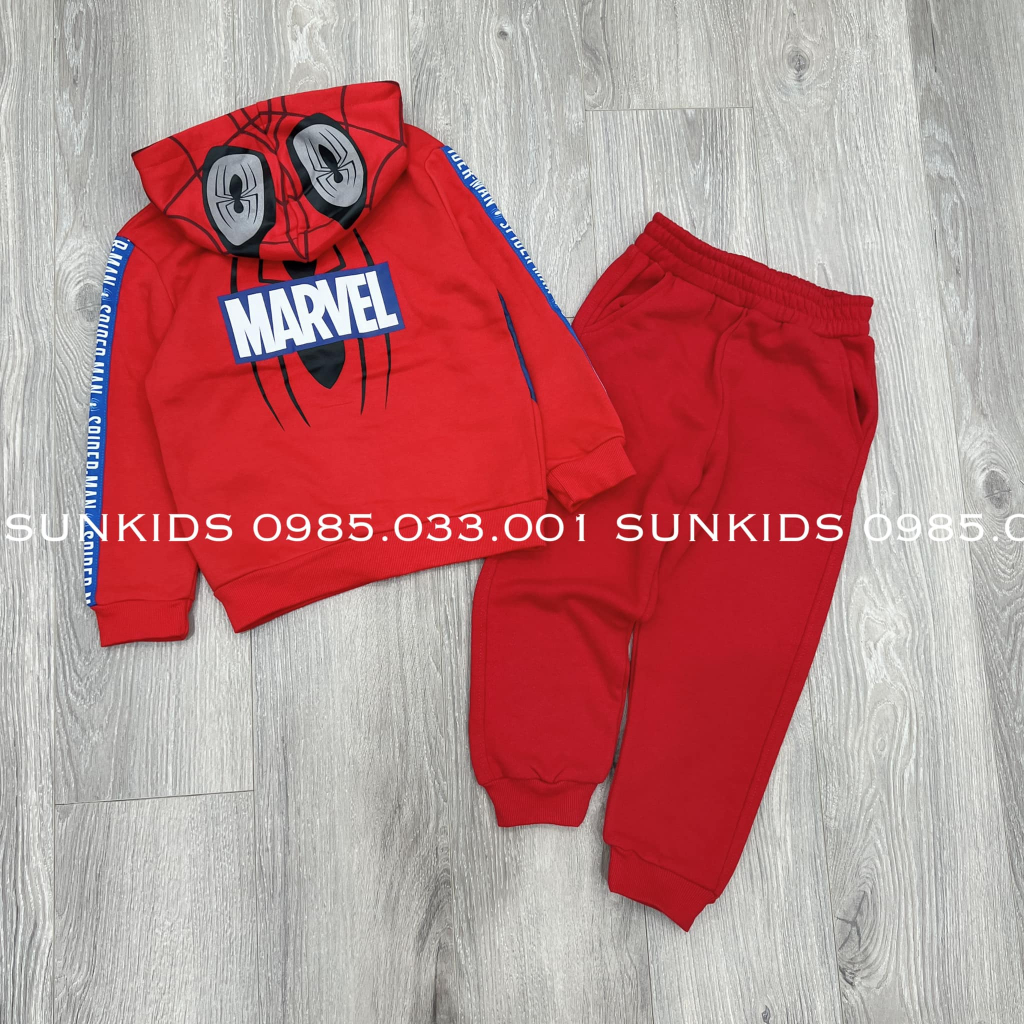 Bộ nỉ bông bé trai siêu nhân nhện đỏ mũ hình đôi mắt