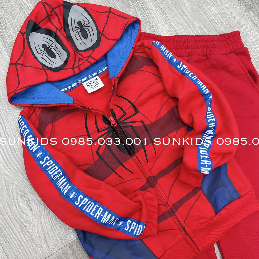 Bộ nỉ bông bé trai siêu nhân nhện đỏ mũ hình đôi mắt