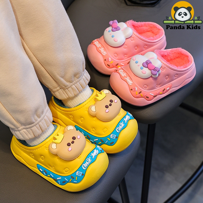 Dép đi mùa đông cho bé trai bé gái có lót lông sticker Gấu Thỏ dễ thương siêu mềm nhẹ chống trơn trượt tốt