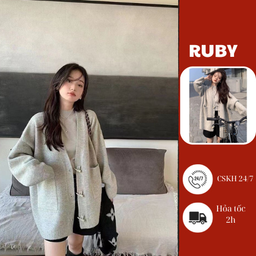 Áo cardigan cách điệu Ruby màu xám, Áo cardigan len mỏng form rộng phong cách Hàn Quốc