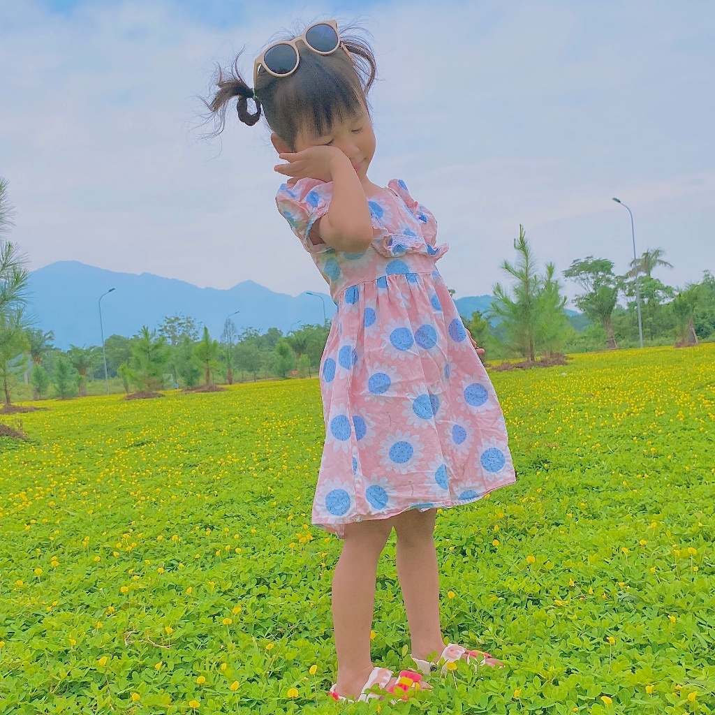 Váy bé gái họa tiết hoa hướng dương dáng xòe tay bồng, Đầm trẻ em cho bé từ 6 tháng  chất coton thấm hút mồ hôi.
