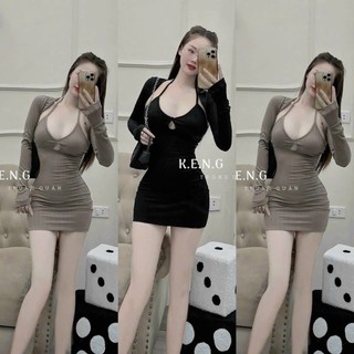 Đầm ngắn thiết kế thời trang nữ mặc đi chơi chất thun gân ôm body dây yếm kèm khoác khoét ngực phong cách sexy
