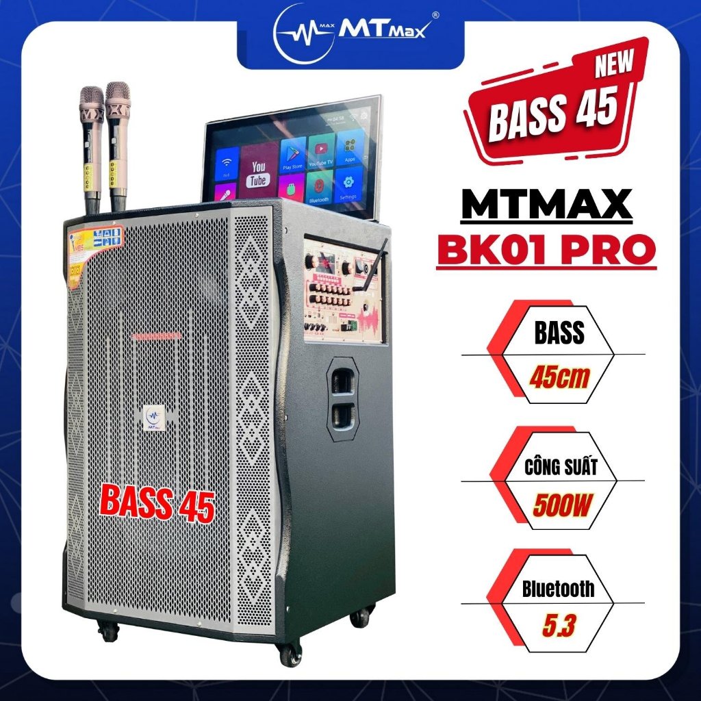 MỚI-Loa Kéo Màn Hình Karaoke 19inch MTMAX BK01Pro -  Bass Siêu Trầm 45cm , 3 Đường Tiếng Cao Cấp, Âm Thanh Đỉnh Cao