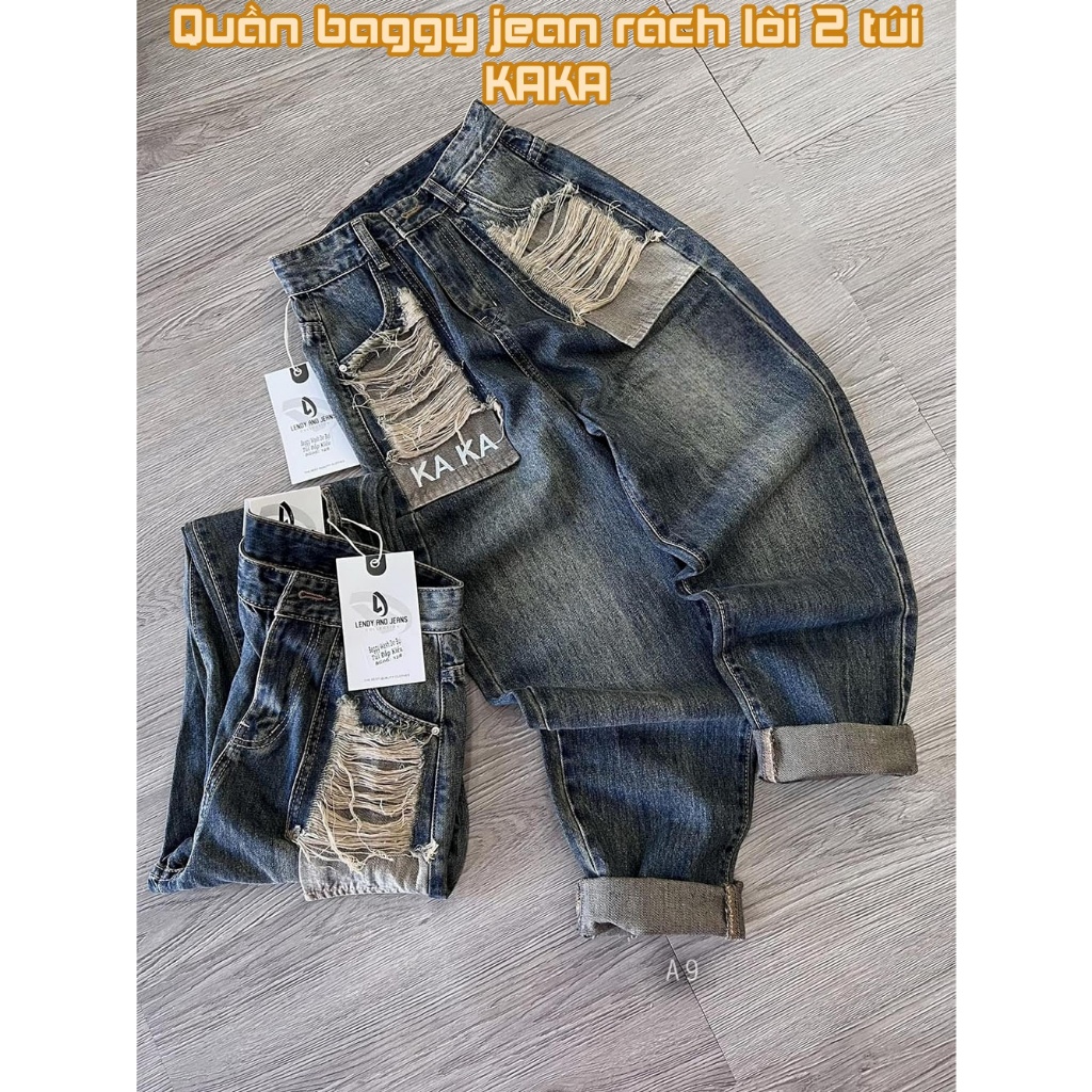 Quần jean baggy rách nữ in chữ hồng thời trang | A&JEAN STORE