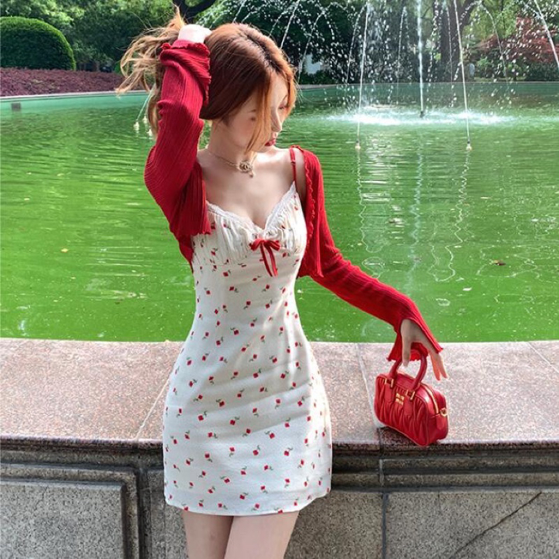 Set váy hai dây kèm áo khoác cardigan diện noel- tết siêu xinh 🧧🎄