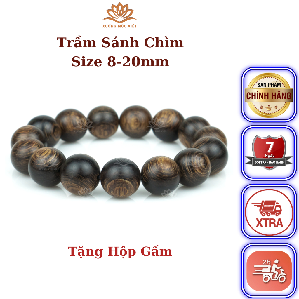 Vòng Tay Trầm Hương Hạt Tròn Sánh Chìm - Trầm Sánh Ghép Xưởng Mộc Việt - Size 8mm Đến 20mm