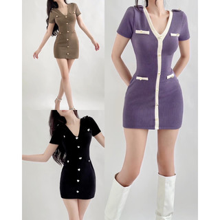 Đầm body nhung len đính nút giả
