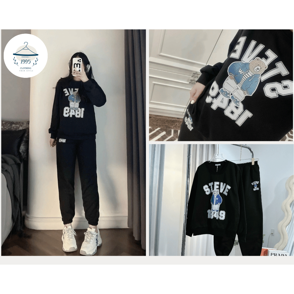 Set Bộ Thể Thao Nữ Áo Nỉ Hoạt Tiết 1849 Mix Quần Jogger Siêu Dày Mịn