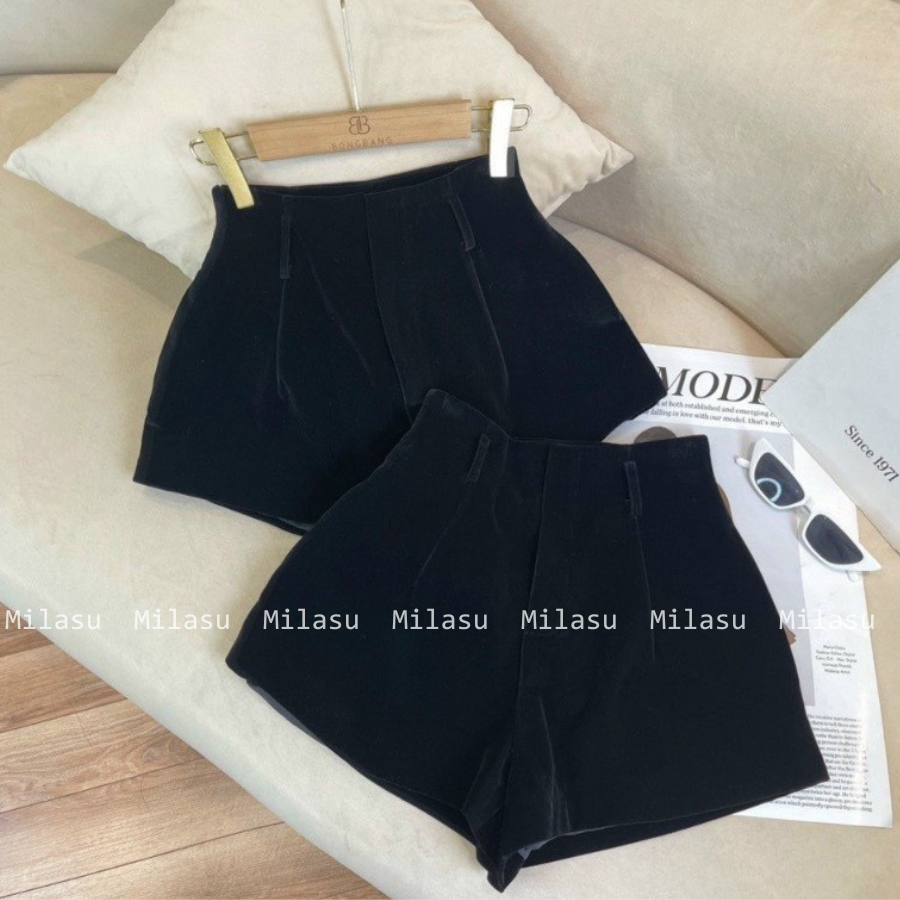Quần Short Nhung Cạp Cao Ống Rộng Khóa Sau Màu Đen MILASU  465