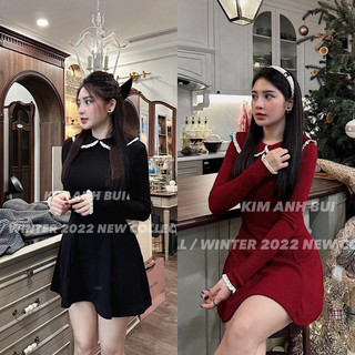 Váy len tăm cổ sen pha ren 2 màu chất dày dặn