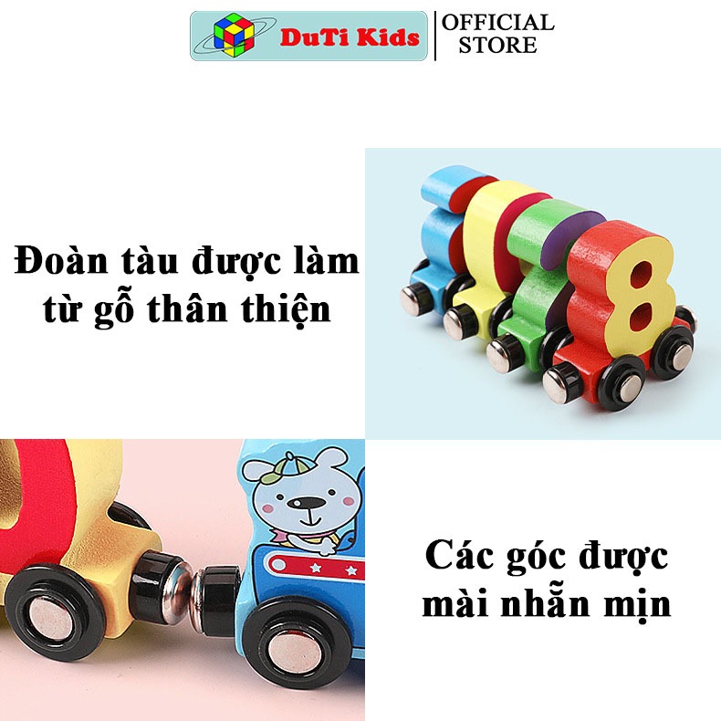 Đồ chơi gỗ thông minh đoàn tàu nam châm chở chữ số và chữ cái, đồ chơi tư duy DuTi Kids.