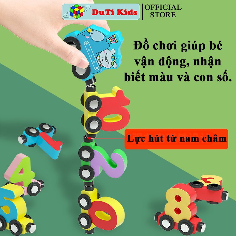 Đồ chơi gỗ thông minh đoàn tàu nam châm chở chữ số và chữ cái, đồ chơi tư duy DuTi Kids.