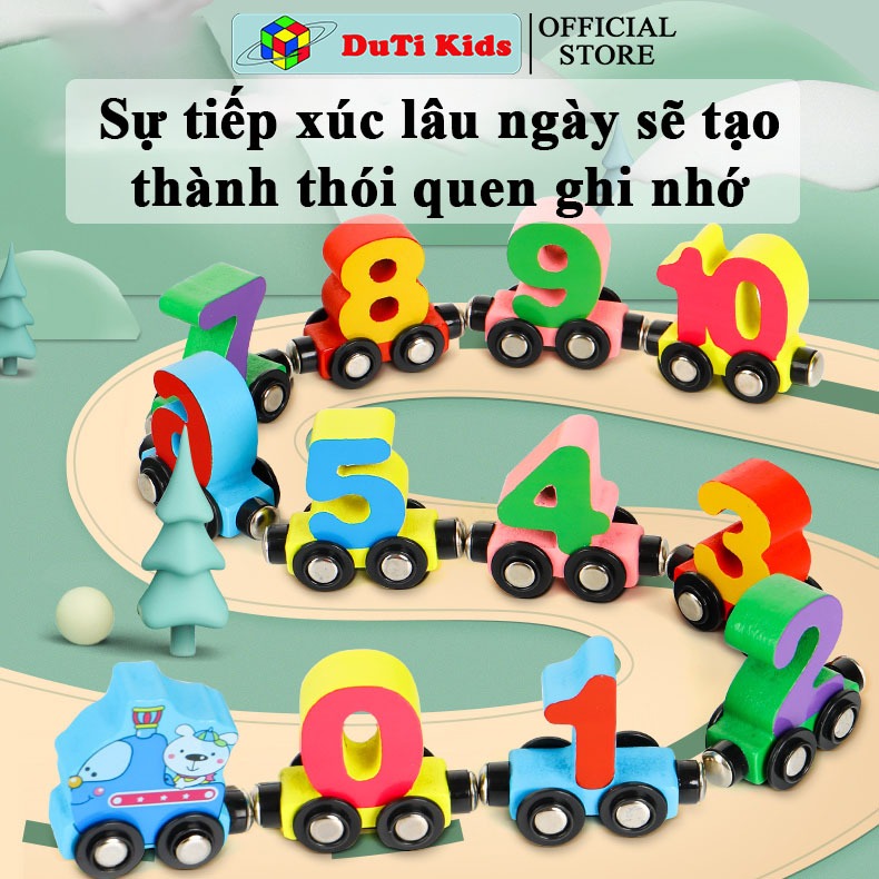 Đồ chơi gỗ thông minh đoàn tàu nam châm chở chữ số và chữ cái, đồ chơi tư duy DuTi Kids.