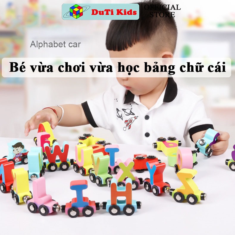 Đồ chơi gỗ thông minh đoàn tàu nam châm chở chữ số và chữ cái, đồ chơi tư duy DuTi Kids.