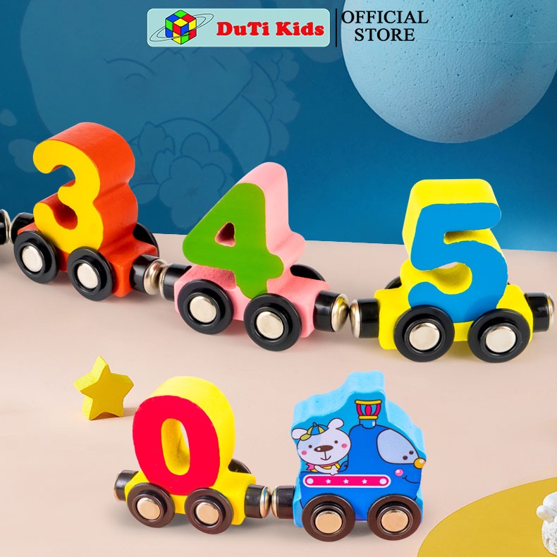 Đồ chơi gỗ thông minh đoàn tàu nam châm chở chữ số và chữ cái, đồ chơi tư duy DuTi Kids.