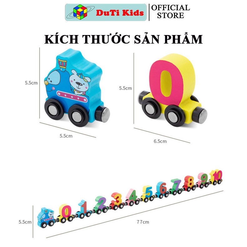 Đồ chơi gỗ thông minh đoàn tàu nam châm chở chữ số và chữ cái, đồ chơi tư duy DuTi Kids.