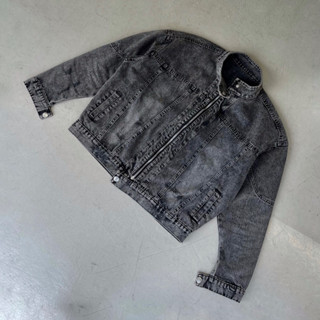 [ XẢ HÀNG ] ÁO KHOÁC JEANS DENIM FORM CROP RACER XÁM KHÓI CỔ TRỤ TALURETRO