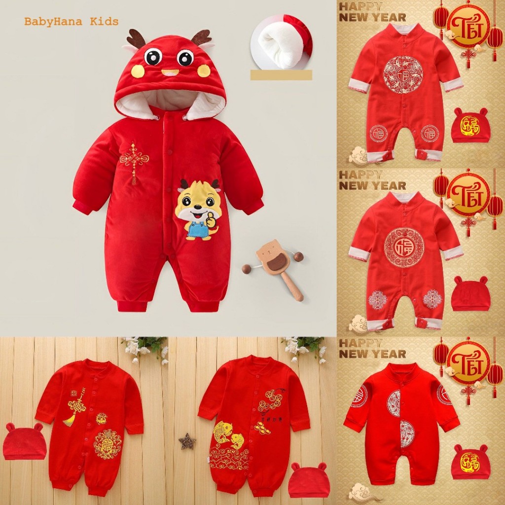 Body Tết Tài Lộc Cho Bé, Bộ Liền Thân Dài Tay Kèm Mũ Cho Trẻ từ 3-12kg