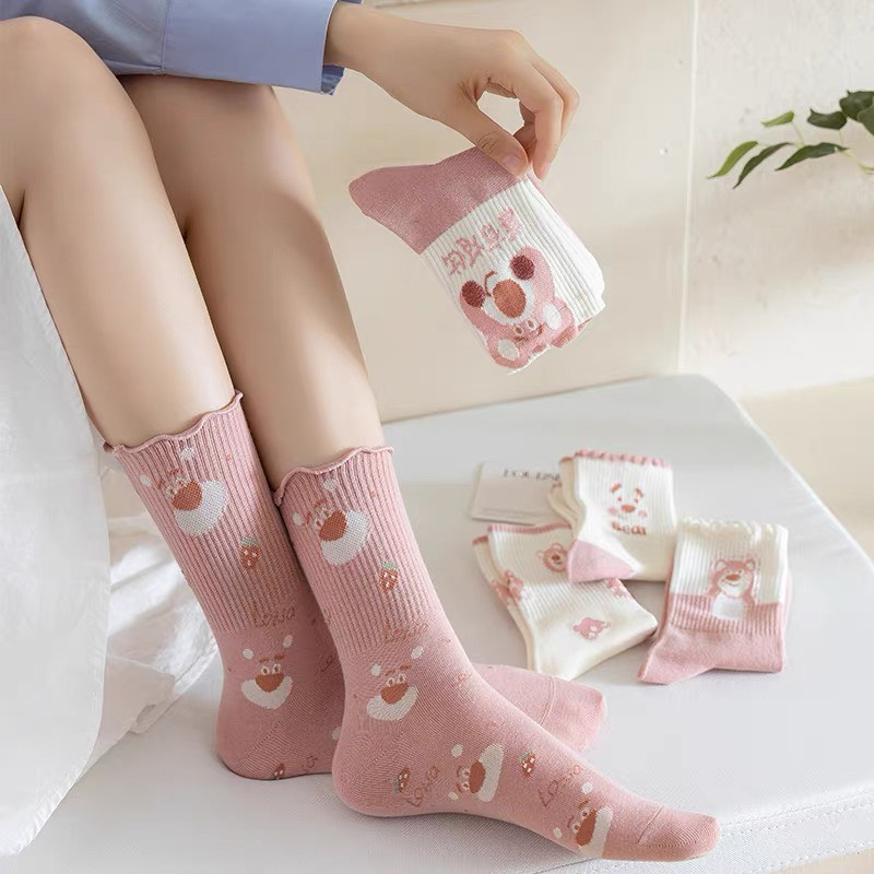 Set 5 Đôi Tất Nữ Cao Cổ Họa Tiết Gấu Dâu Tây Màu Hồng Dễ viền bèo