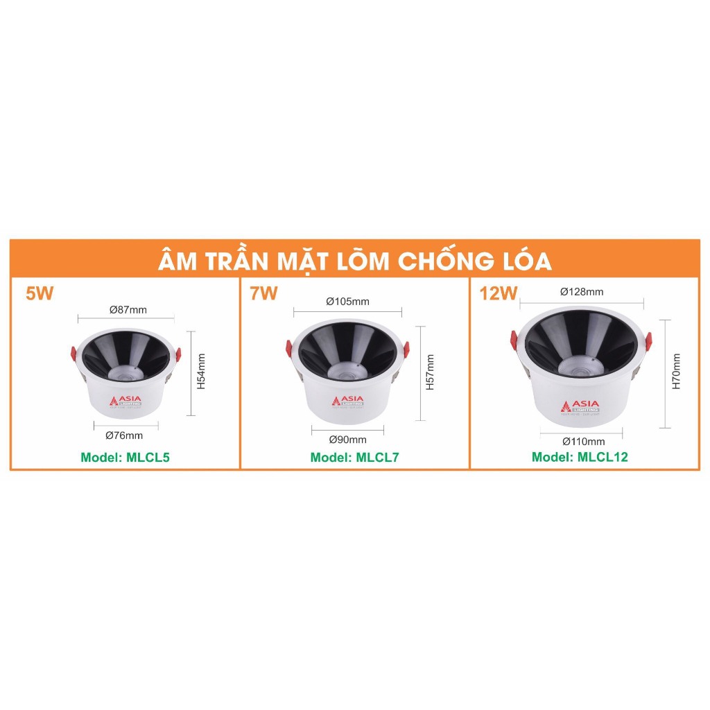 Đèn âm trần chống chói, chống lóa Asia Lighting, chóa chiếu sâu, chip COB, bảo hành chính hãng 2 năm