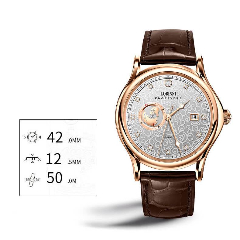 Đồng hồ nam chính hãng LOBINNI L1889-1 Kính sapphire,chống xước,Chống nước,BH 24 tháng,Máy cơ (Automatic) ,dây da xịn