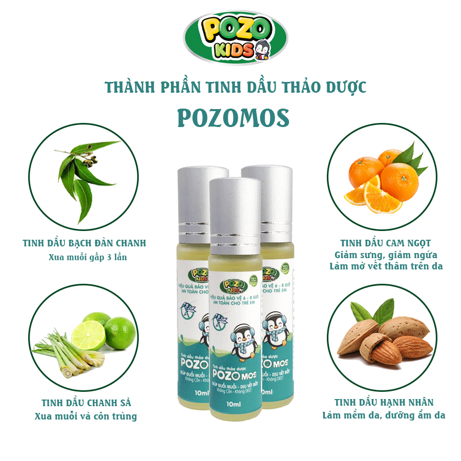 Lăn xua muỗi, côn trùng PozoMos 10ml giúp đuổi muỗi, dịu sưng, tấy, làm mờ vết thâm trên da cho trẻ em và người lớn