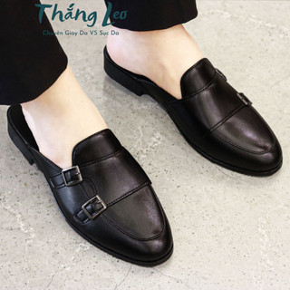 Giày sục nam màu đen da PU hàng Kỹ đai da đính 2 khuy cài cực đẹp sục nam da mờ size 38-43