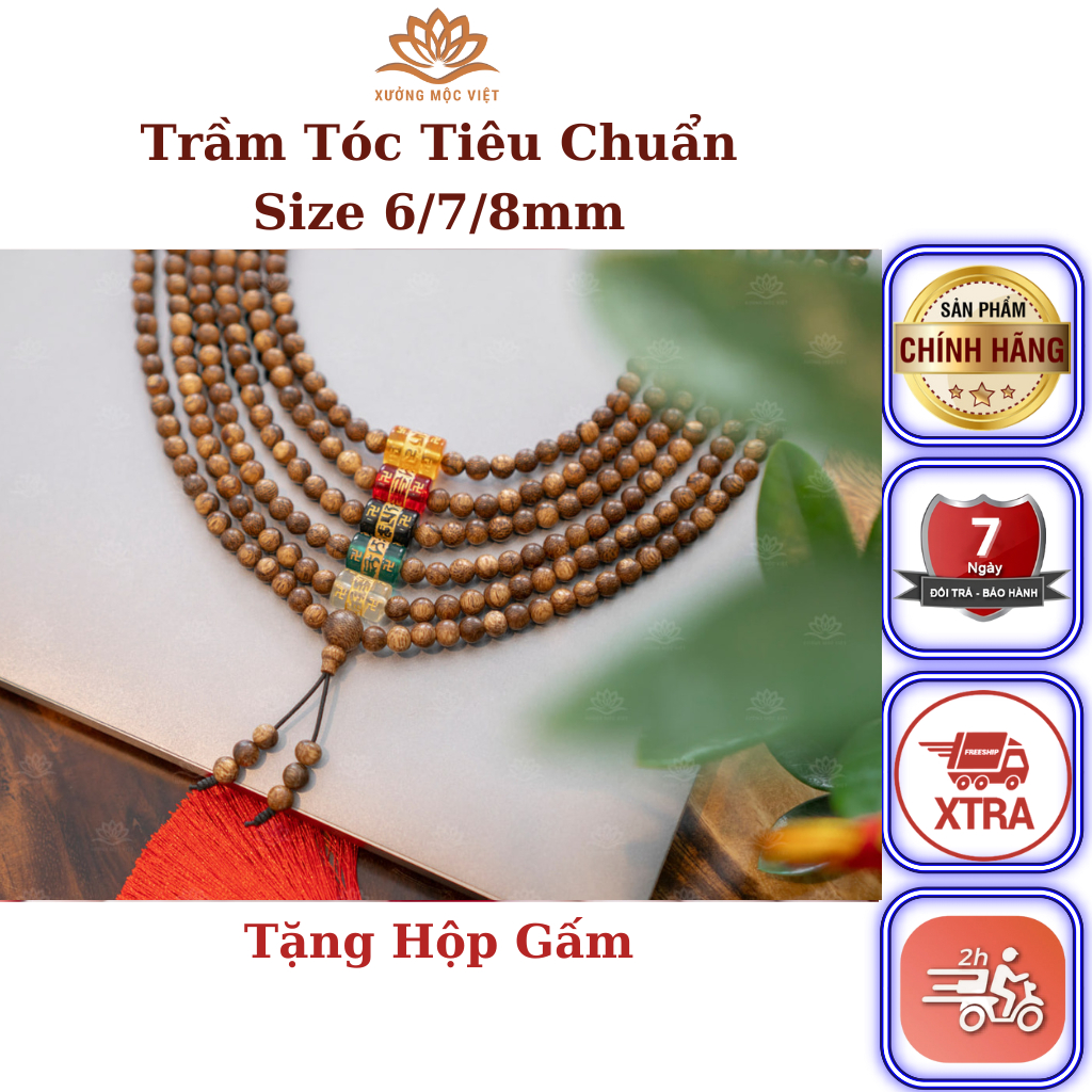 Vòng Tay Trầm Hương 108 Hạt Mix Lu Thống Omani Xưởng Mộc Việt - Trầm Tóc Tiêu Chuẩn Size 6/7/8MM