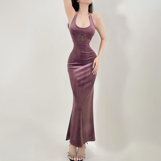 BLINK - Đầm Maxi form đuôi cá cổ cột yếm, chất nhung co giãn có nhũ lấp lánh